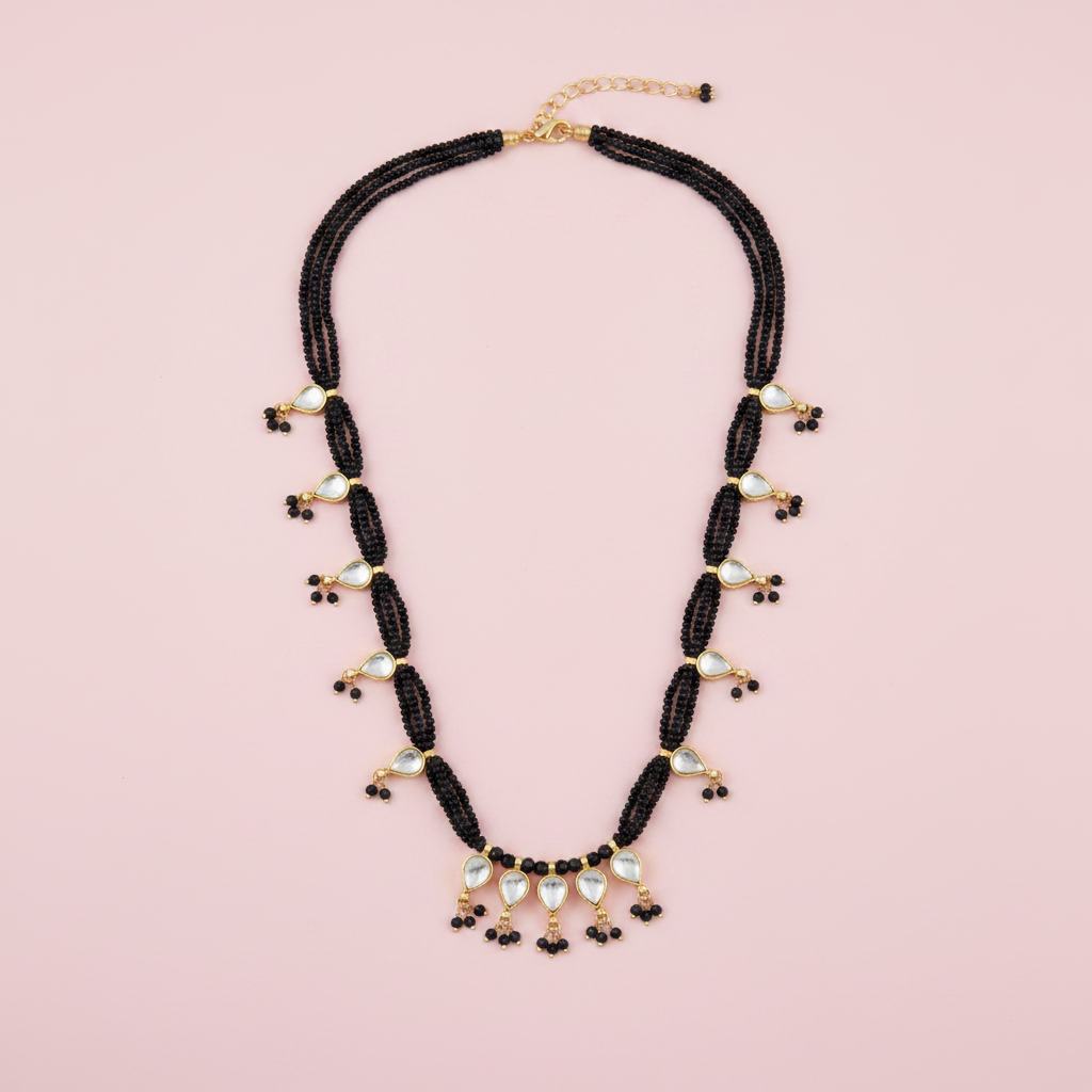 Black Teardrop Black Bead  Necklace