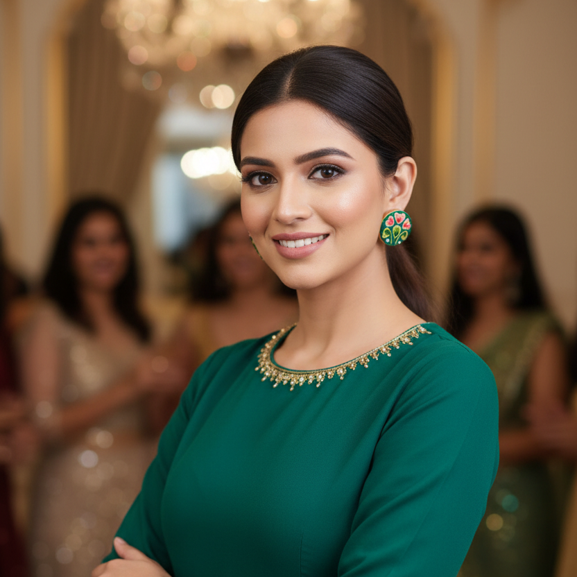 Woman in 3/4 sleeve party dress wearing teal meenakari studs