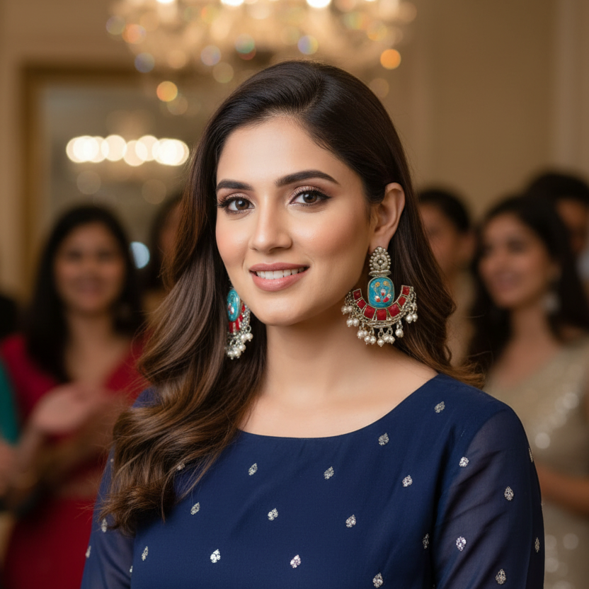 Woman in navy party dress wearing oxidised silver chandbali earrings