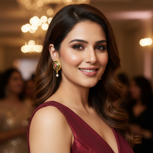 Maroon Meenakari Hoop Earrings with Pearl Drops
