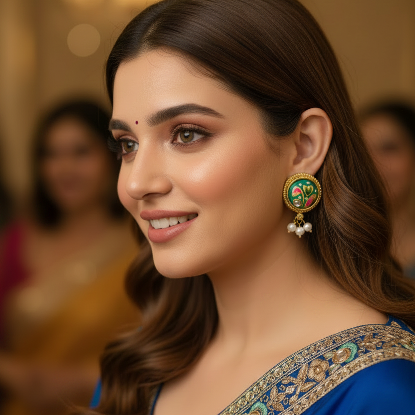 Green Meenakari Hoop Earrings with Pearl Drops