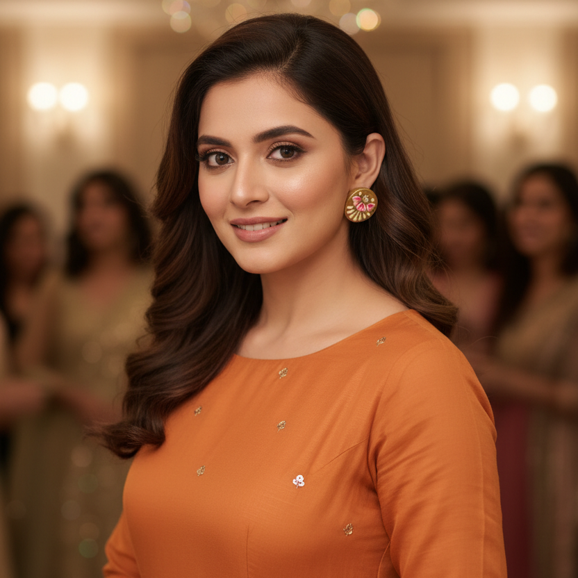 Woman in saffron party dress wearing golden brown meenakari studs