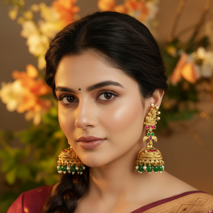 Peacock Temple Jhumka Earrings with Emerald & Pearl Drops